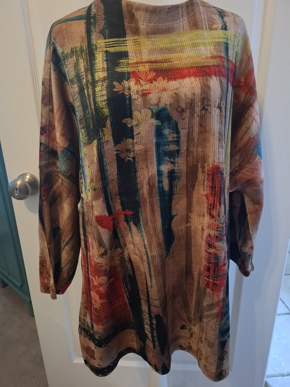 Ali Miles Brown Abstract Brushstroke Tunic with Blue, Red, Yellow Accents